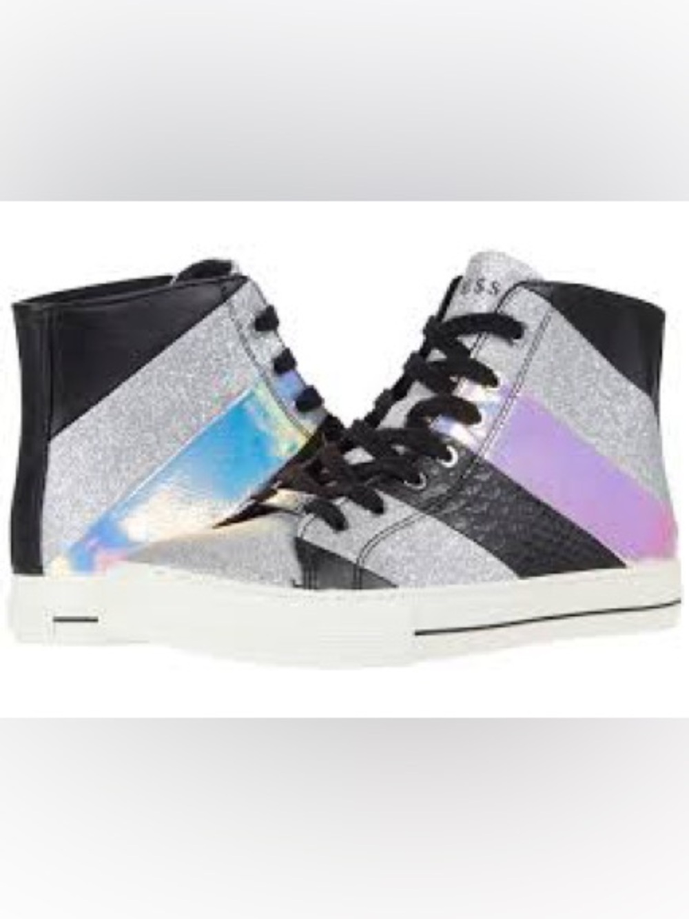 Guess High Top Silver iridescent Glitter Sneaker size 6